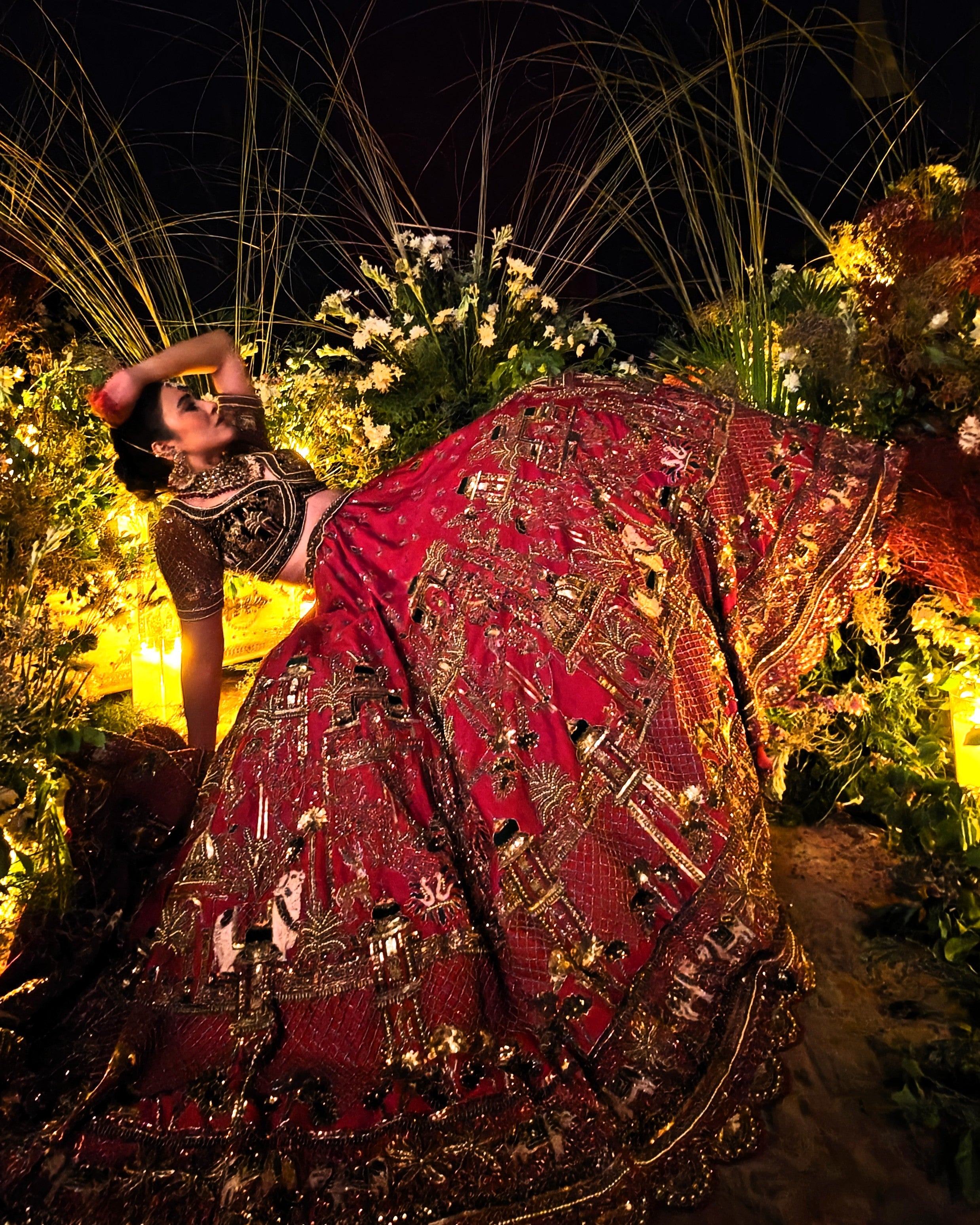 Aroosa red silk bridal lehenga, dabka and nakshi embroidery detail, Amaltas Couture