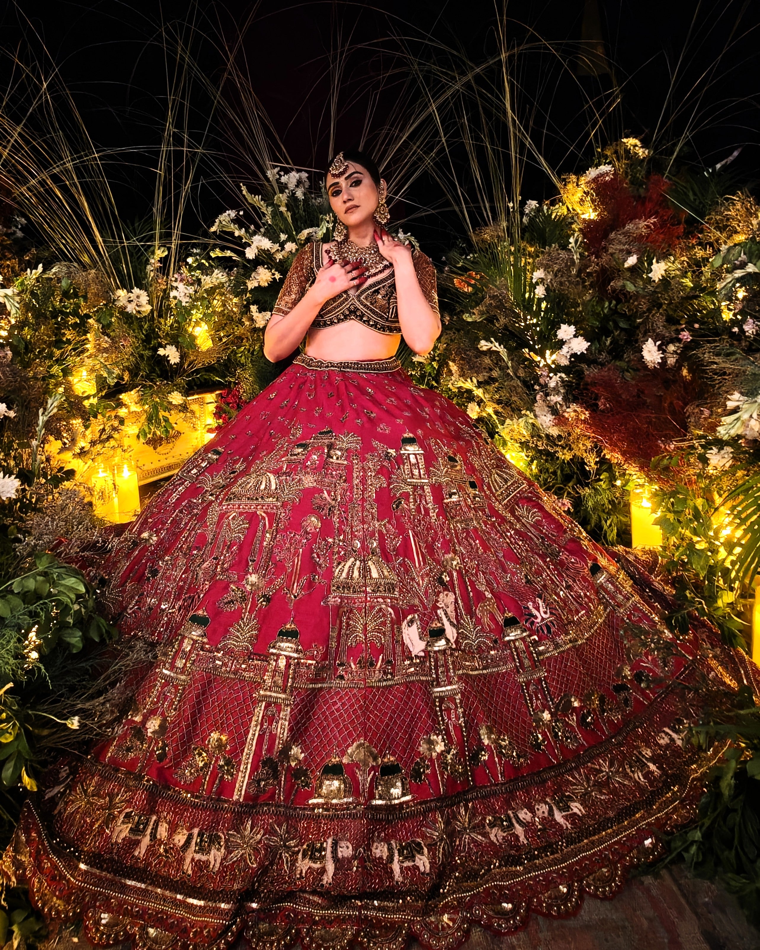 Aroosa red silk bridal lehenga with organza dupatta with green velvet border, Amaltas Couture