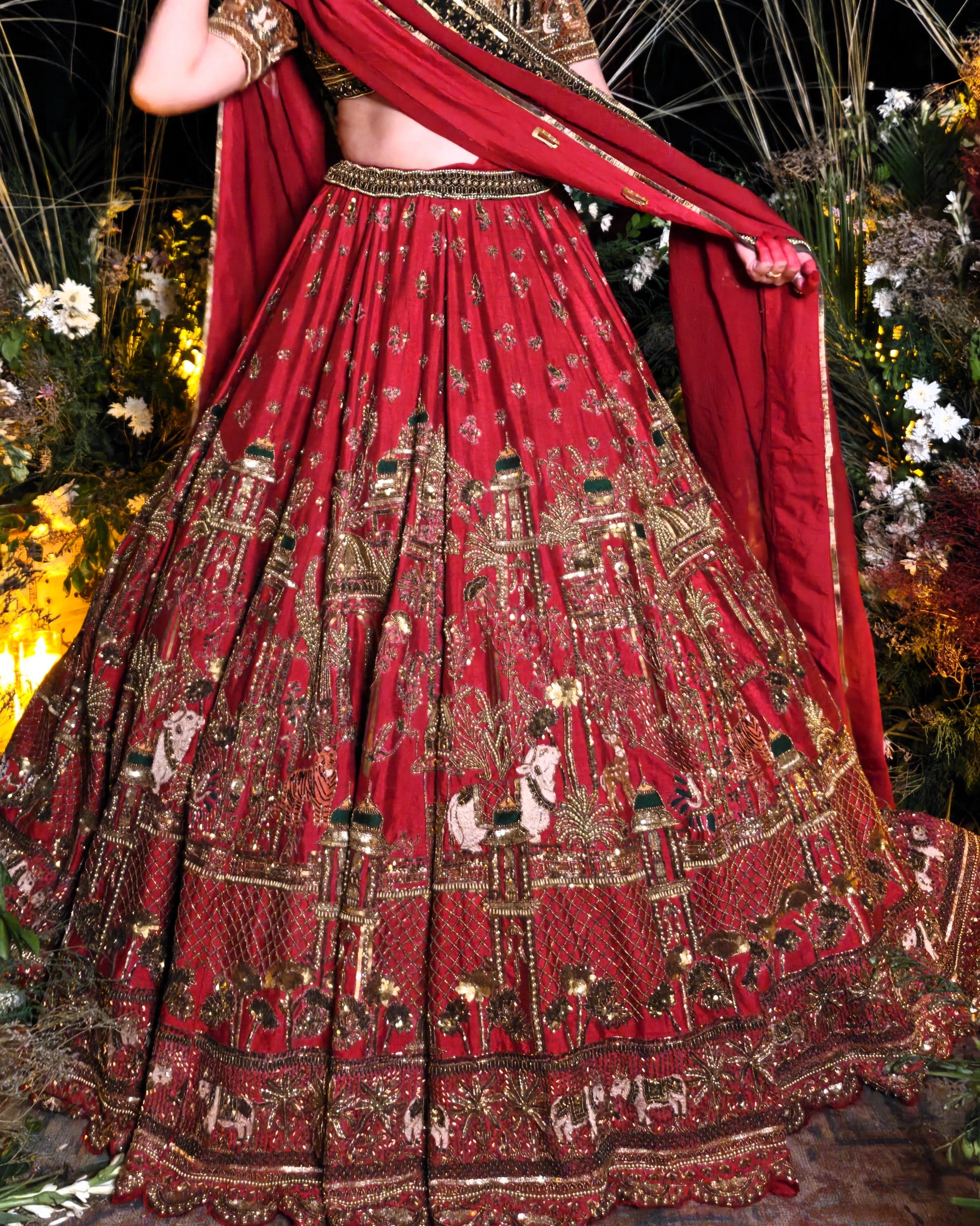 Aroosa red silk bridal lehenga, back view, Amaltas Couture