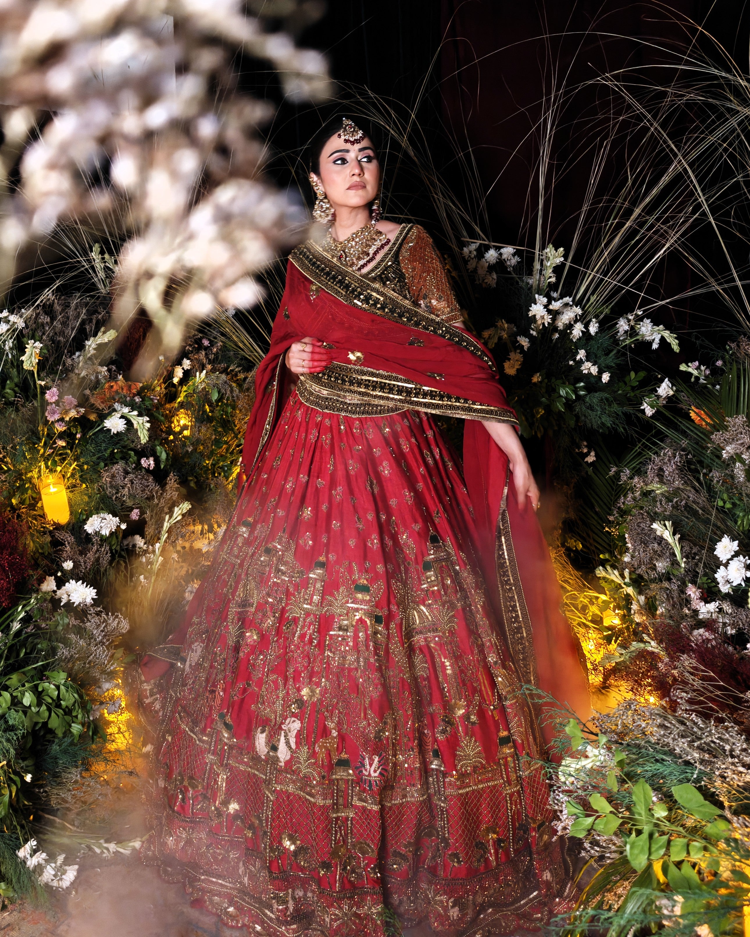 Aroosa red silk bridal lehenga, hand embroidered blouse, Amaltas Couture