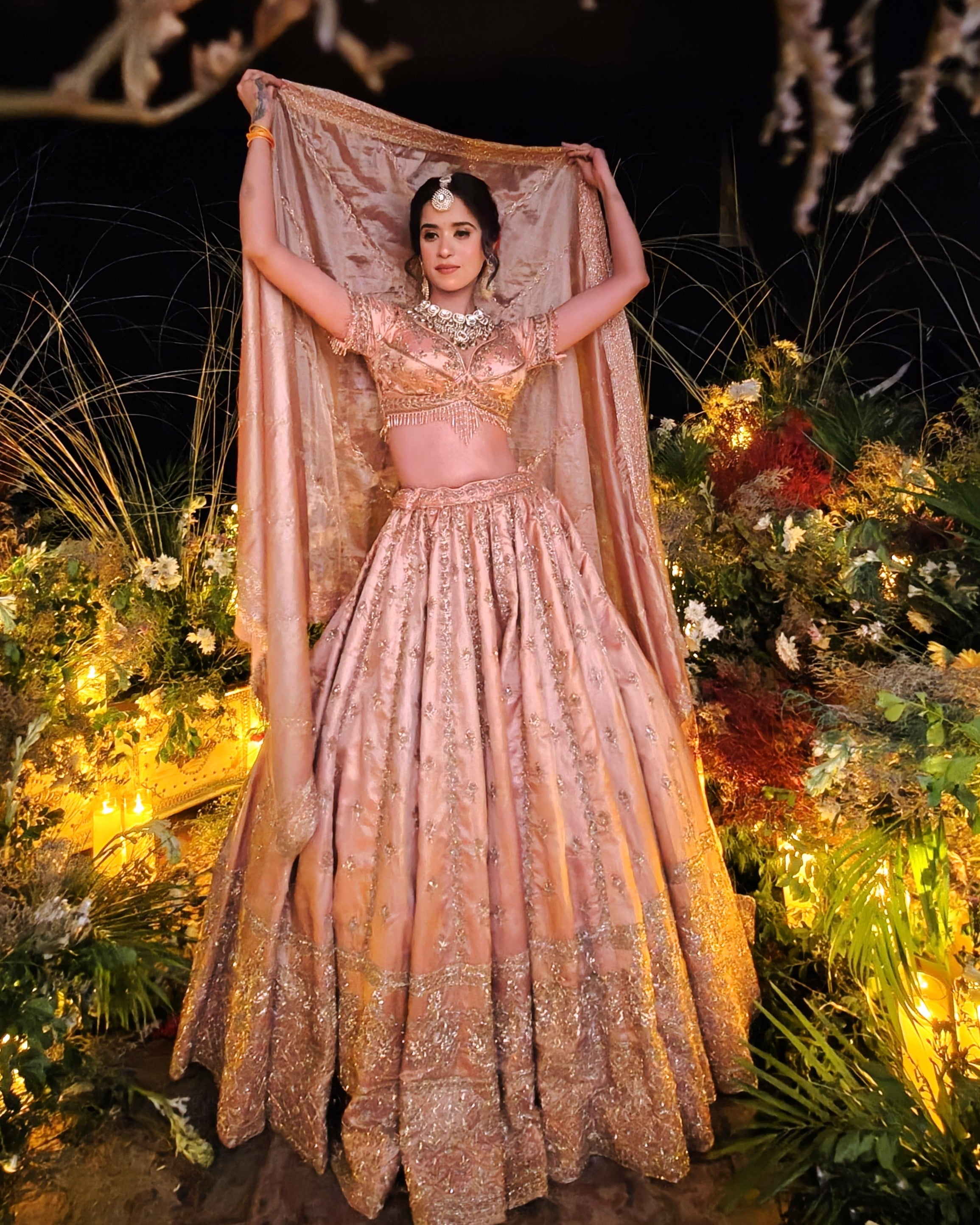 Alifiya pink tissue bridal lehenga, close up of hand embroidery, Amaltas Couture