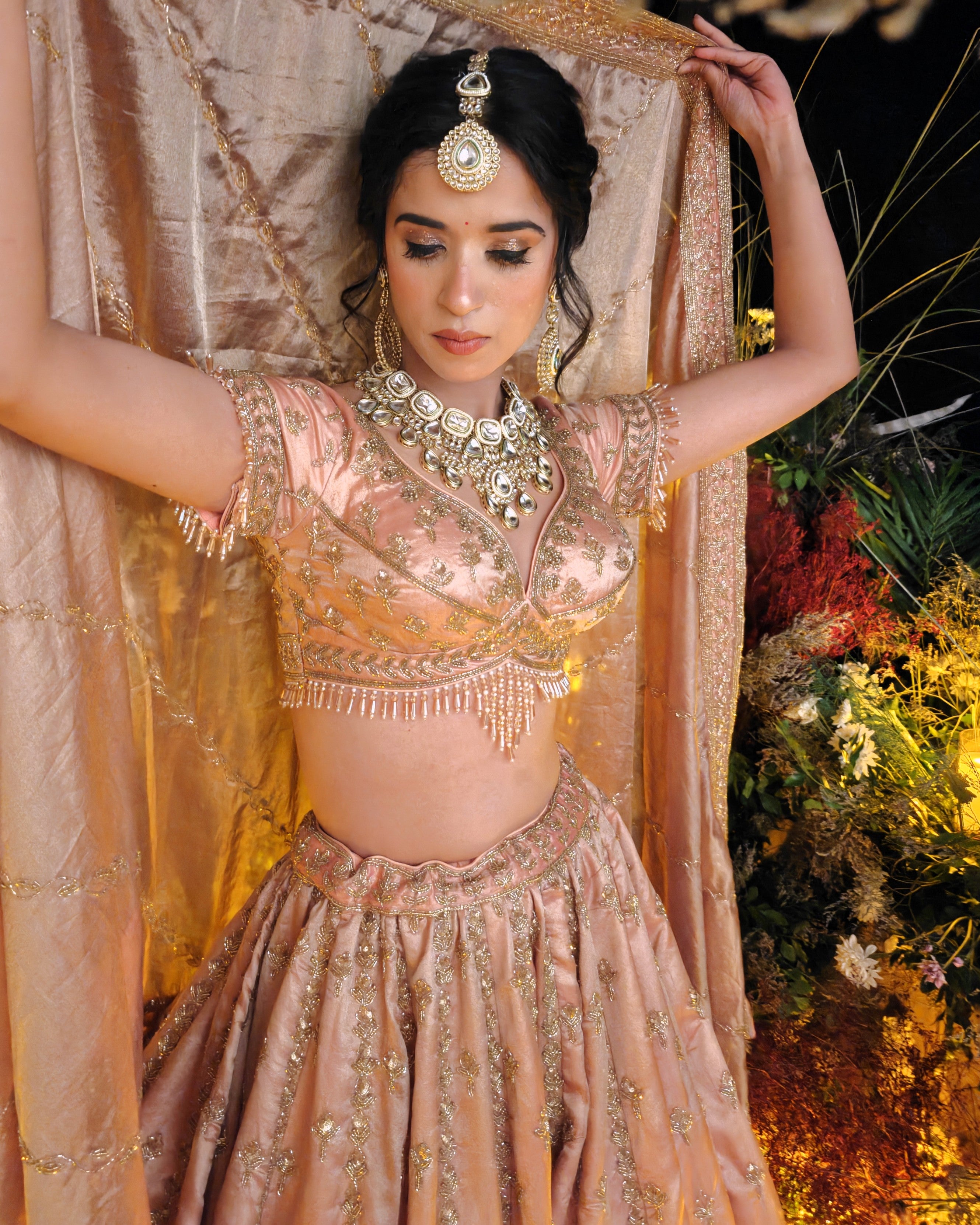 Alifiya pink tissue bridal lehenga, hand embroidered blouse, Amaltas Couture