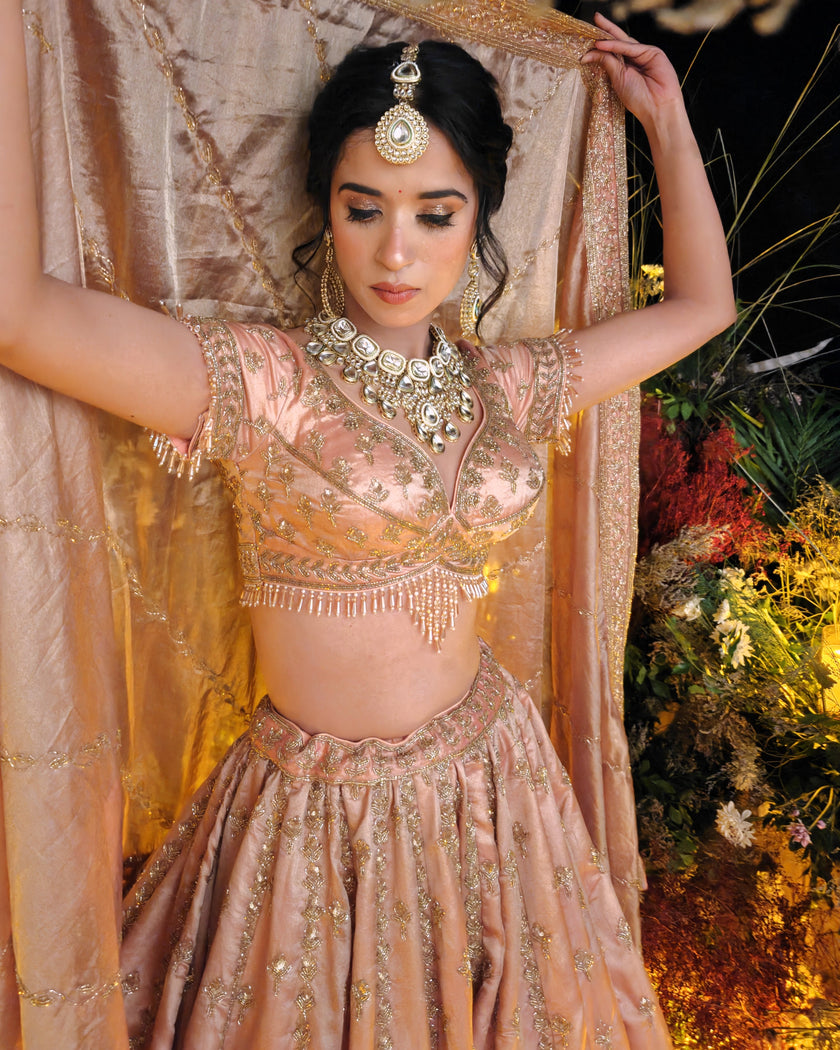 Alifiya pink tissue bridal lehenga, hand embroidered blouse, Amaltas Couture