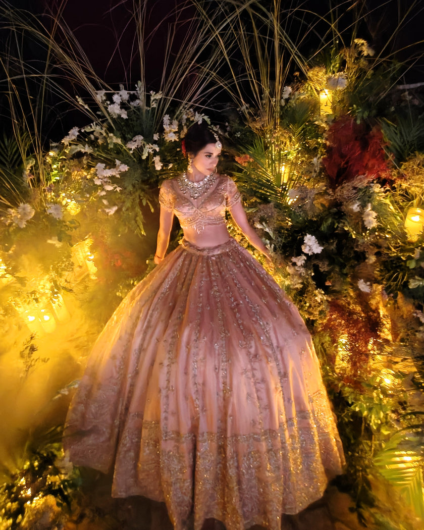 Alifiya pink tissue bridal lehenga, cutdana and sequins embroidery detail, Amaltas Couture