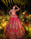 Laleh red silk bridal lehenga, back view, Amaltas Couture
