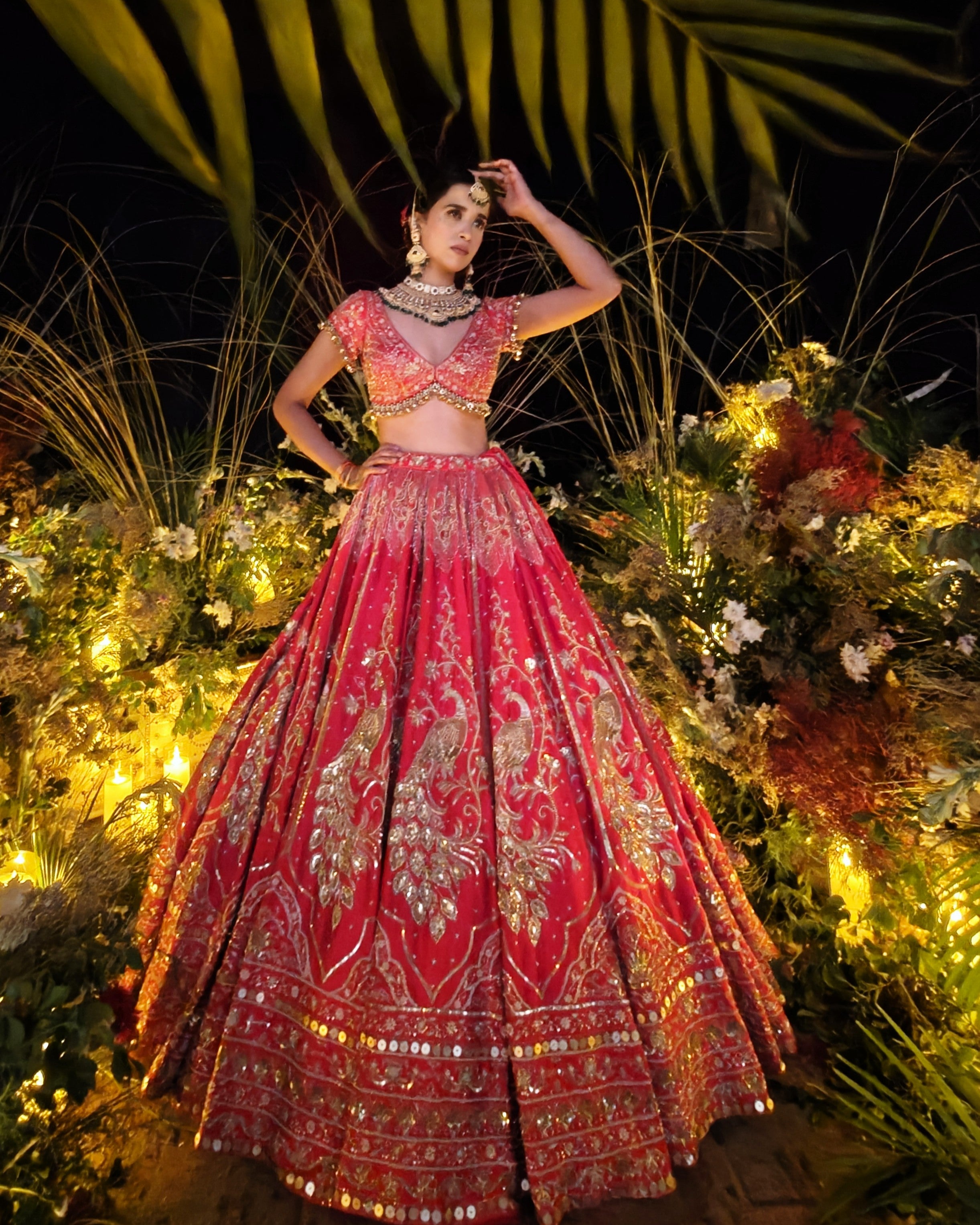 Laleh red silk bridal lehenga, back view, Amaltas Couture