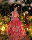 Laleh red silk bridal lehenga, hand embroidered by Amaltas Couture, front view