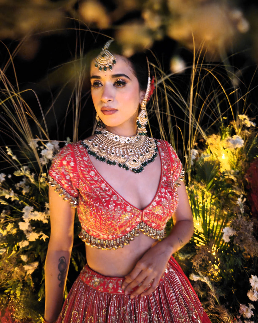 Laleh red silk bridal lehenga, close up of hand embroidery, Amaltas Couture