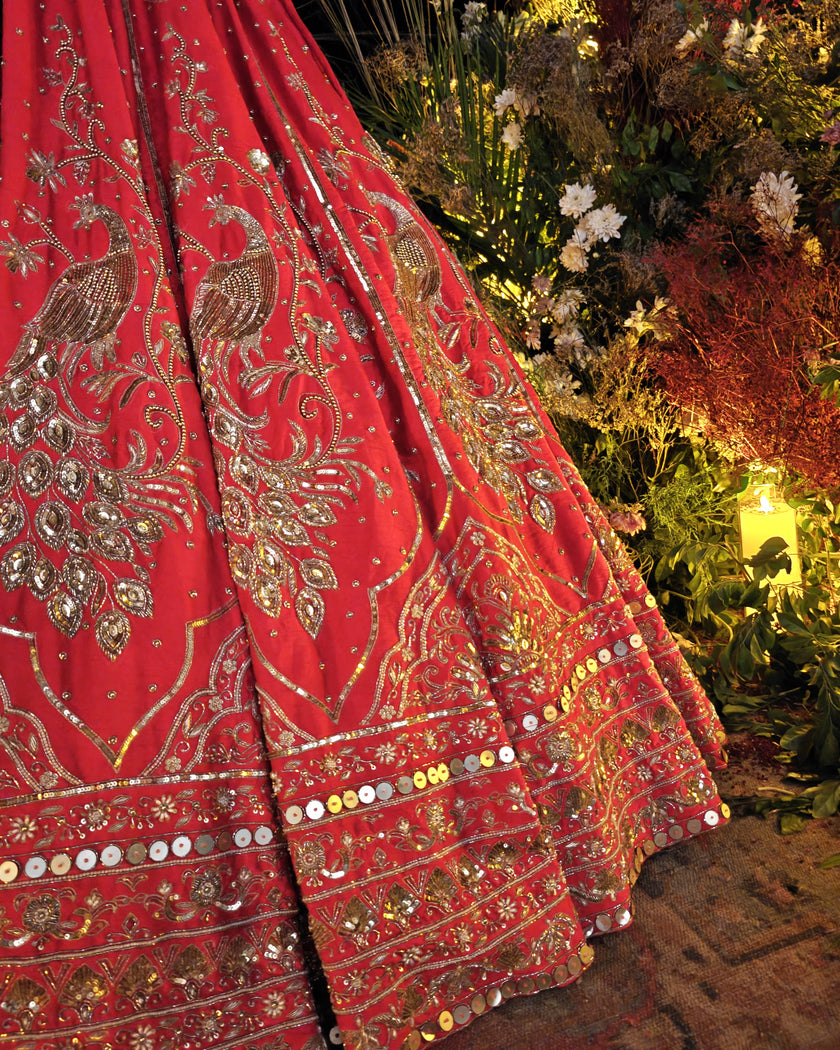 Laleh red silk bridal lehenga, styled for the wedding, Amaltas Couture