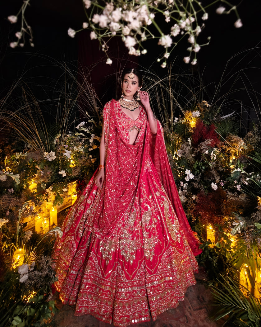 Laleh red silk bridal lehenga, full ghera flare, Amaltas Couture