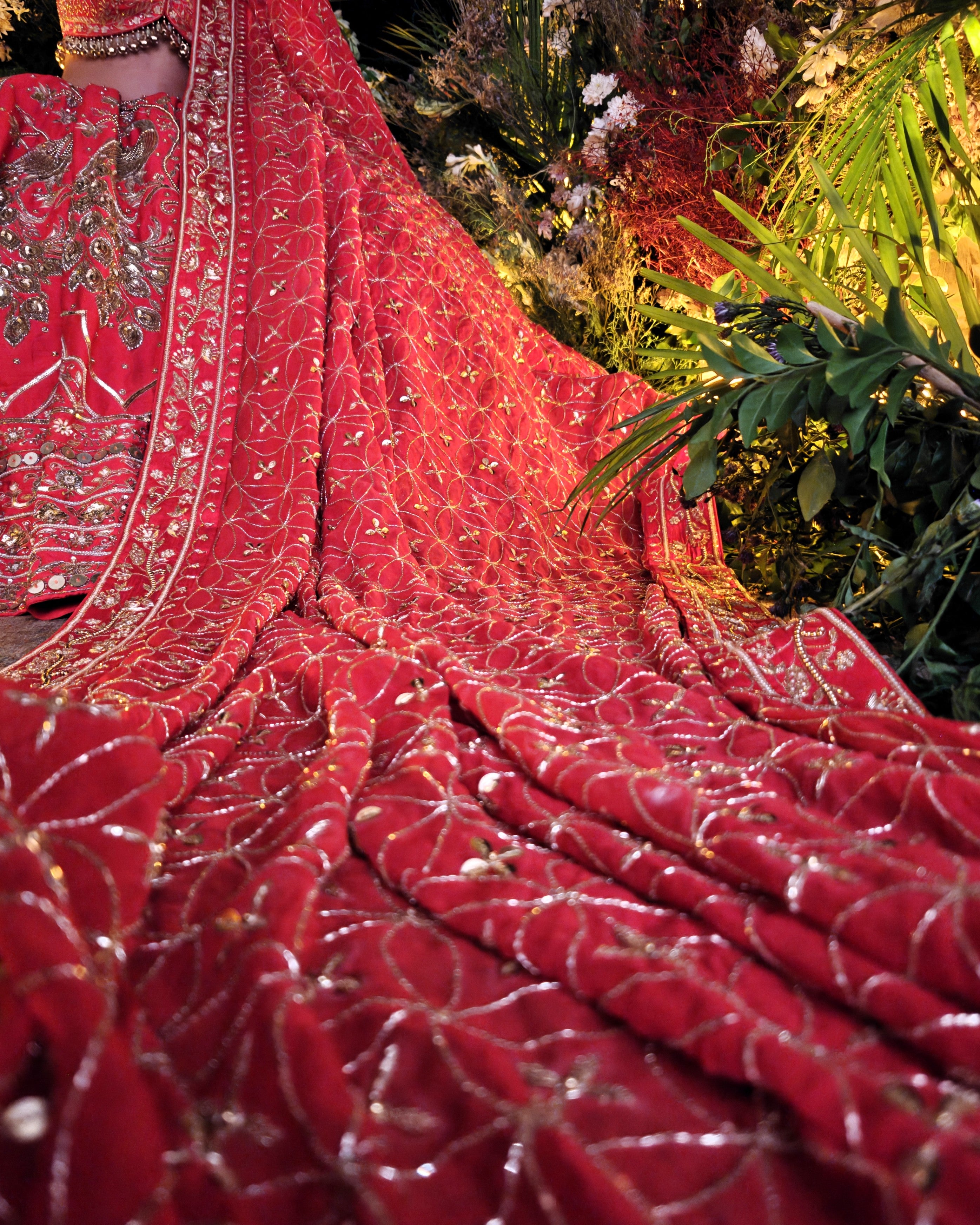Laleh red silk bridal lehenga, hand embroidered blouse, Amaltas Couture