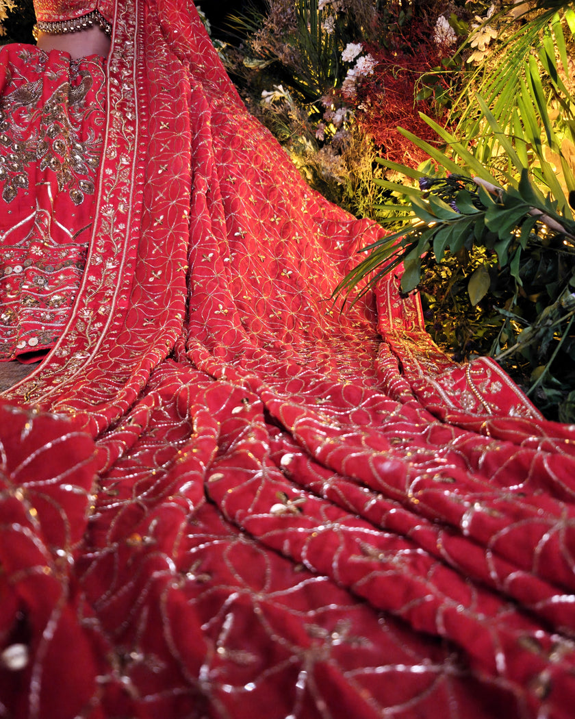 Laleh red silk bridal lehenga, hand embroidered blouse, Amaltas Couture