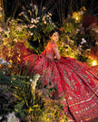 Laleh red silk bridal lehenga with organza jaal dupatta, Amaltas Couture