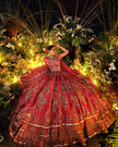 Laleh red silk bridal lehenga, dabka and aari embroidery detail, Amaltas Couture