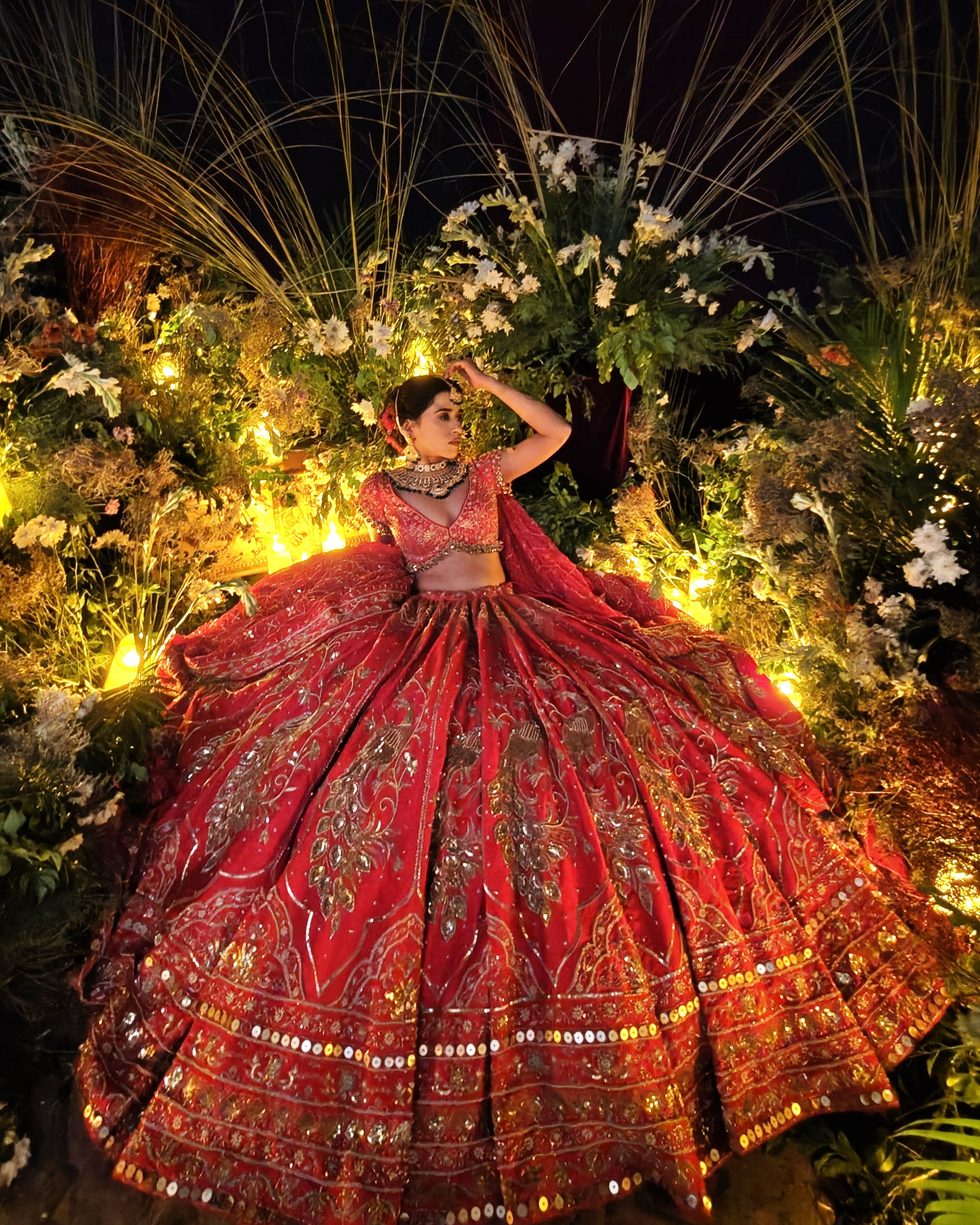Laleh red silk bridal lehenga, dabka and aari embroidery detail, Amaltas Couture