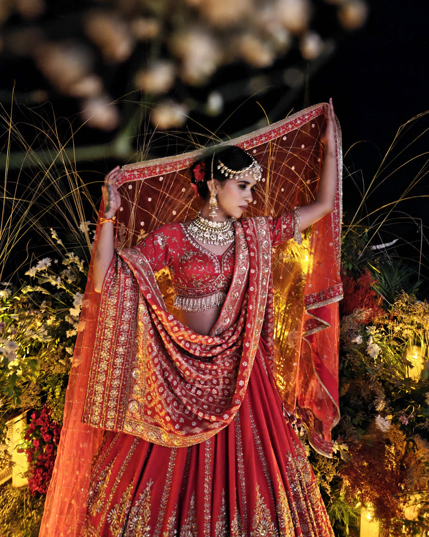 Anisa red silk bridal lehenga, full ghera flare, Amaltas Couture