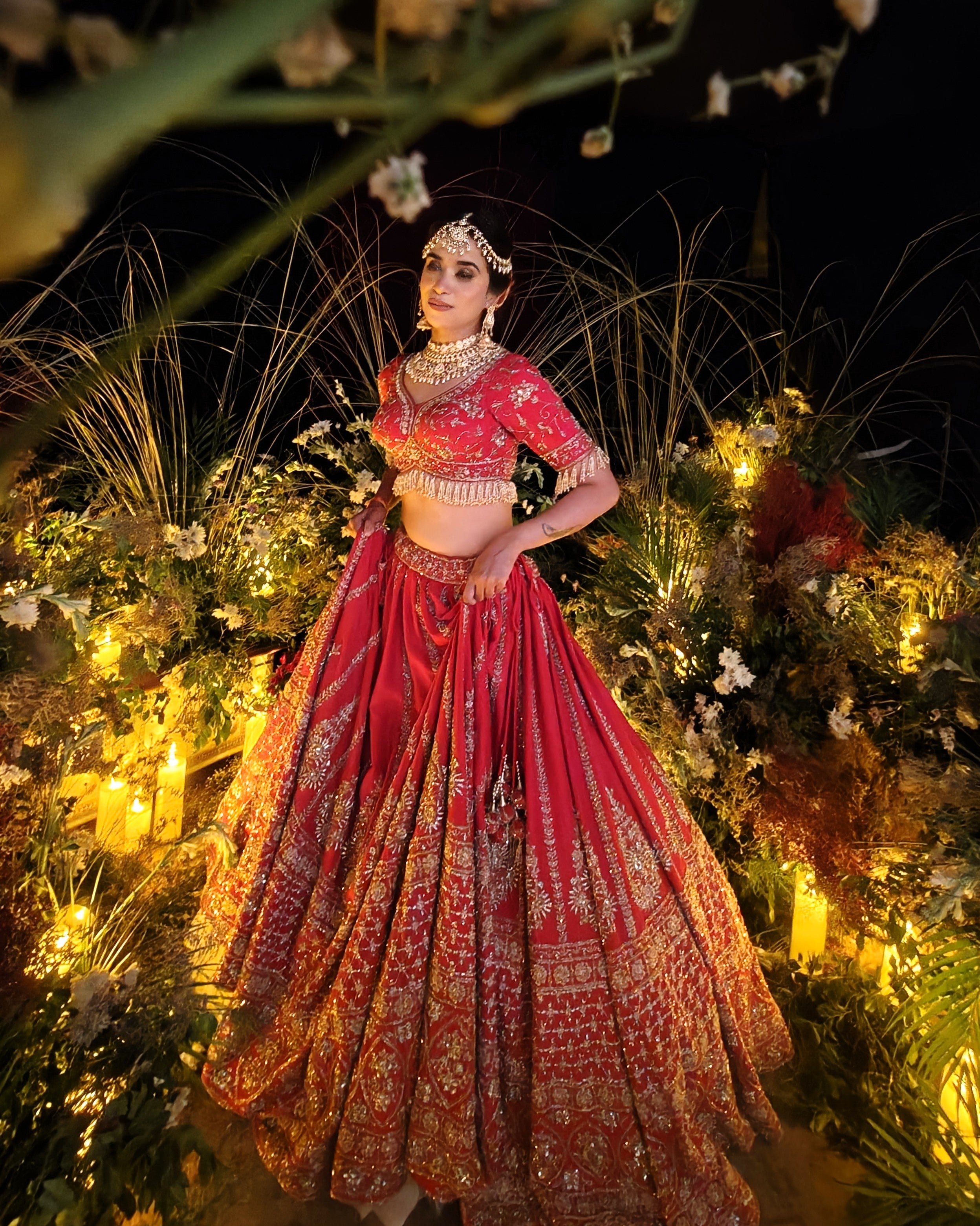 Anisa red silk bridal lehenga, hand embroidered blouse, Amaltas Couture