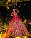 Anisa red silk bridal lehenga, back view, Amaltas Couture