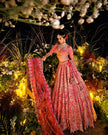 Sitara coral red silk bridal lehenga, cutdana and sequins embroidery detail, Amaltas Couture
