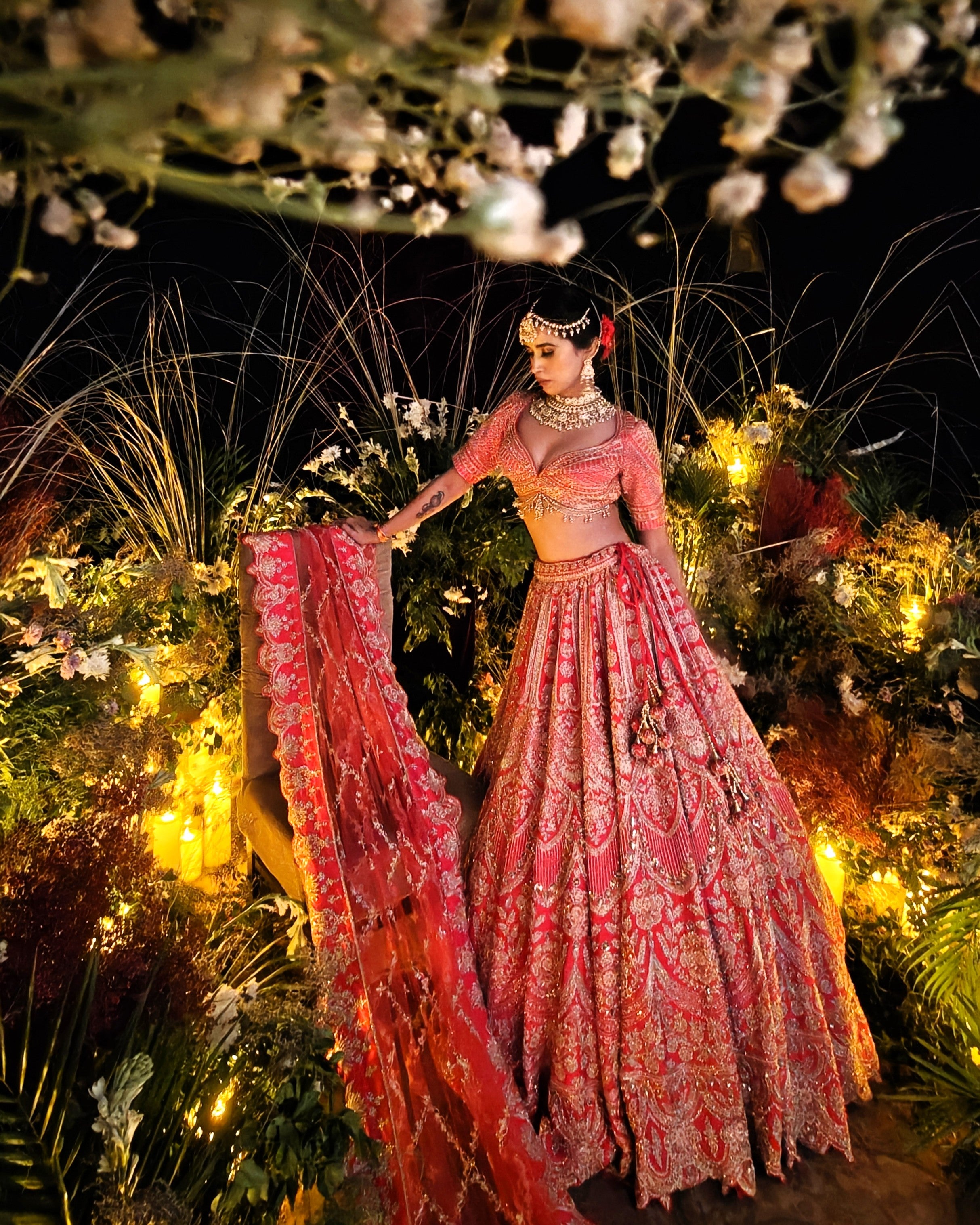 Sitara coral red silk bridal lehenga, cutdana and sequins embroidery detail, Amaltas Couture