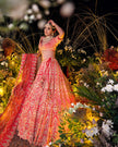 Sitara coral red silk bridal lehenga with net jaal dupatta with scalloped border, Amaltas Couture