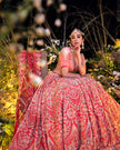 Sitara coral red silk bridal lehenga, hand embroidered blouse, Amaltas Couture