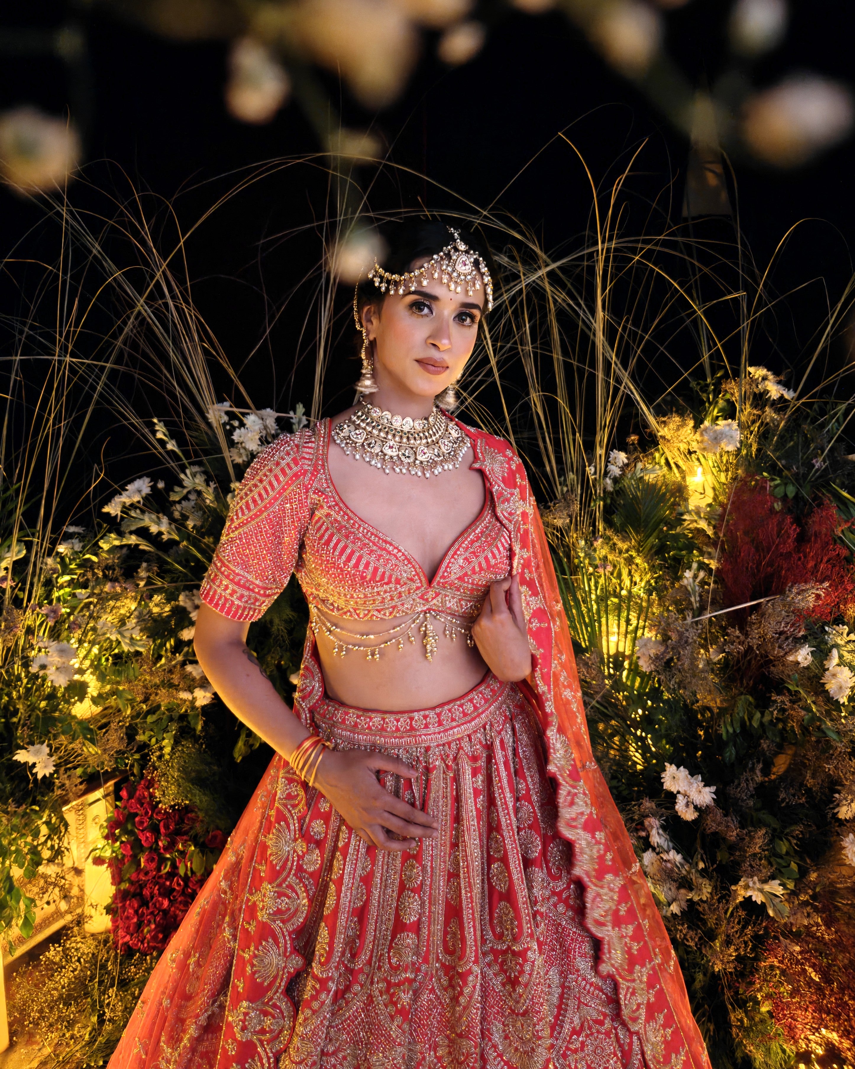 Sitara coral red silk bridal lehenga, full ghera flare, Amaltas Couture