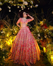 Sitara coral red silk bridal lehenga, close up of hand embroidery, Amaltas Couture