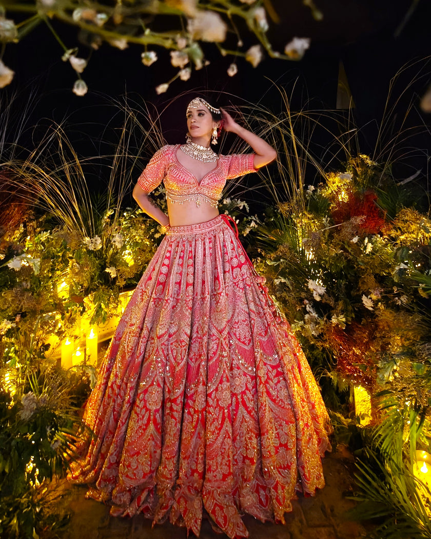Sitara coral red silk bridal lehenga, close up of hand embroidery, Amaltas Couture