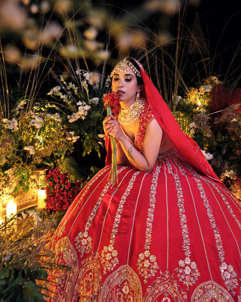 Soraya red silk bridal lehenga, full ghera flare, Amaltas Couture