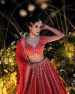 Soraya red silk bridal lehenga, cutdana and sequins embroidery detail, Amaltas Couture