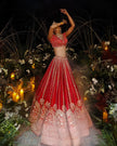 Soraya red silk bridal lehenga with organza jaal dupatta, Amaltas Couture