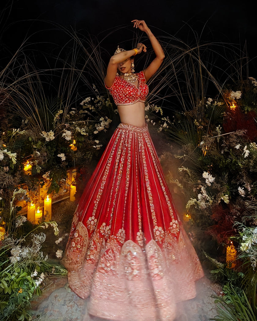 Soraya red silk bridal lehenga with organza jaal dupatta, Amaltas Couture