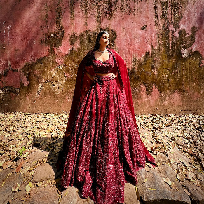 Ishana Maroon Embroidered Lehenga Set