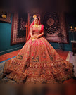 Sultana ruby red raw silk bridal lehenga, zardozi embroidery detail, Amaltas Couture