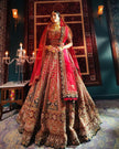 Sultana ruby red raw silk bridal lehenga, full ghera flare, Amaltas Couture