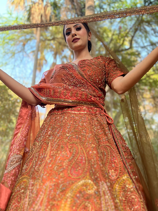 Zardozi Burnt Orange Pankh Embroidered Lehenga Set