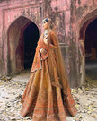 Pankh burnt orange raw silk lehenga, hand embroidered blouse, Amaltas Couture