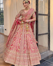 Gulrang rose pink tissue bridal lehenga, full front view with jaal dupatta, Amaltas Couture