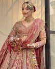 Gulrang pink tissue bridal lehenga, embroidered blouse and dupatta drape, Amaltas Couture