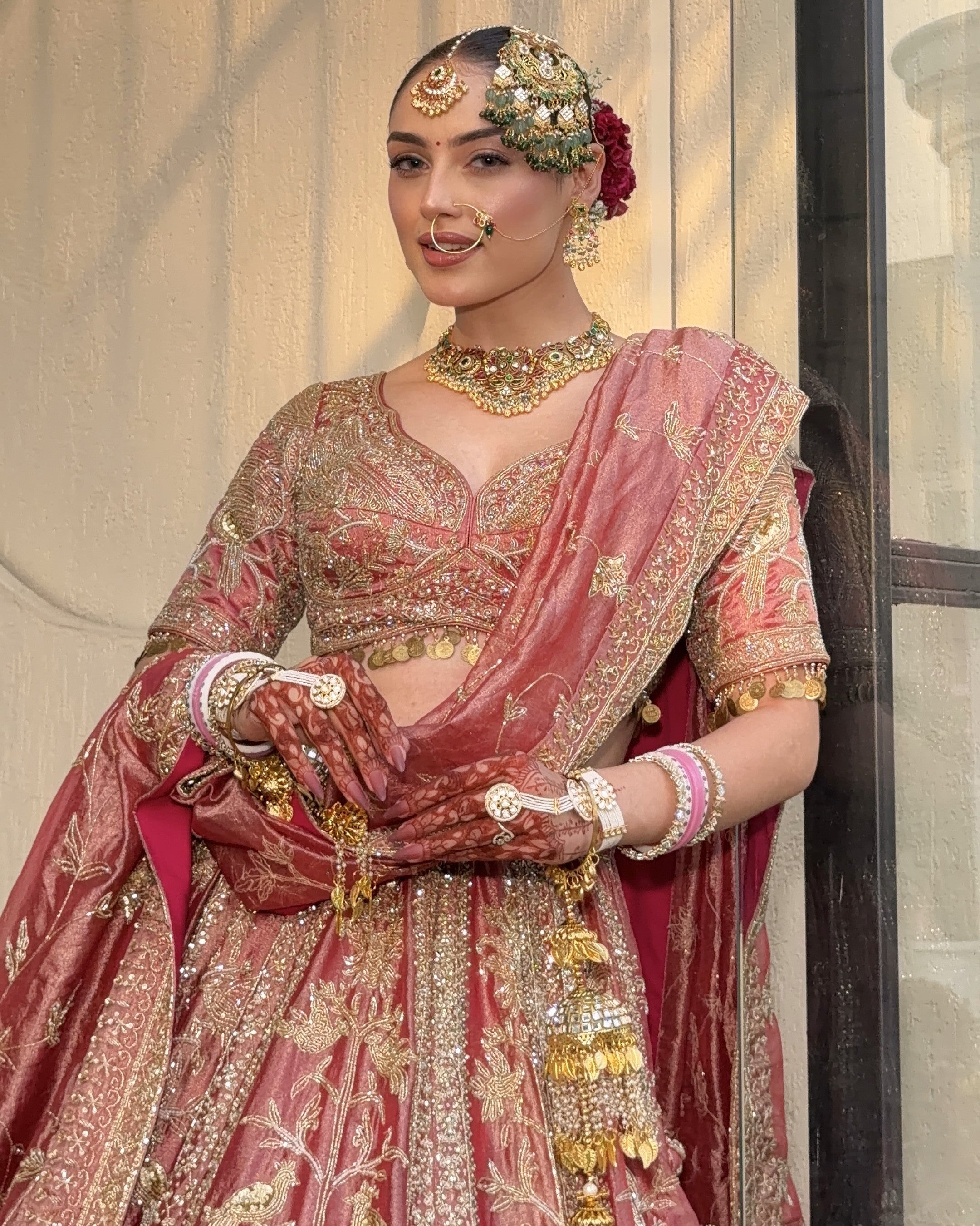 Gulrang pink tissue bridal lehenga, embroidered blouse and dupatta drape, Amaltas Couture