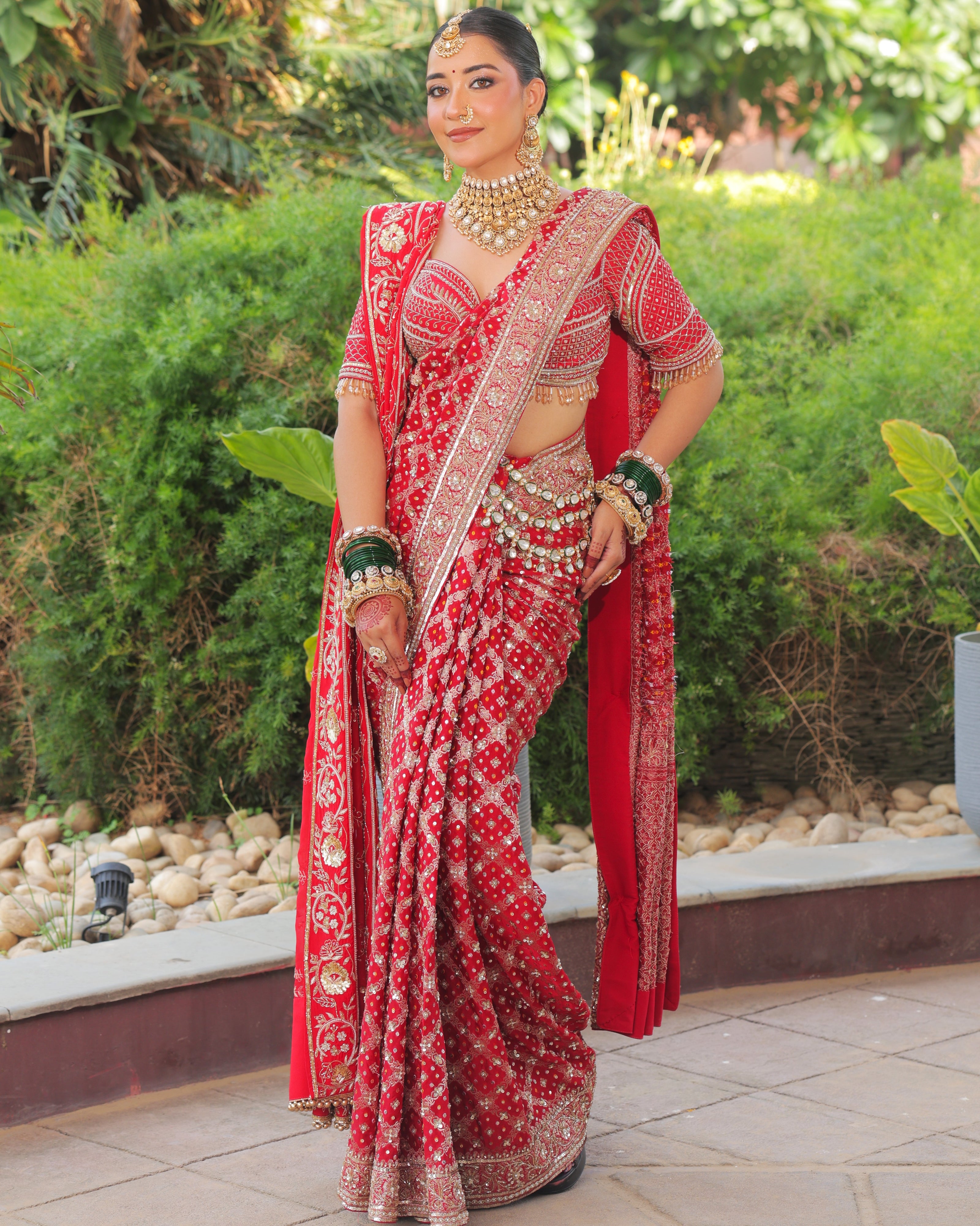 Meera red Banarasi bandhej georgette saree, full front view, Amaltas Couture