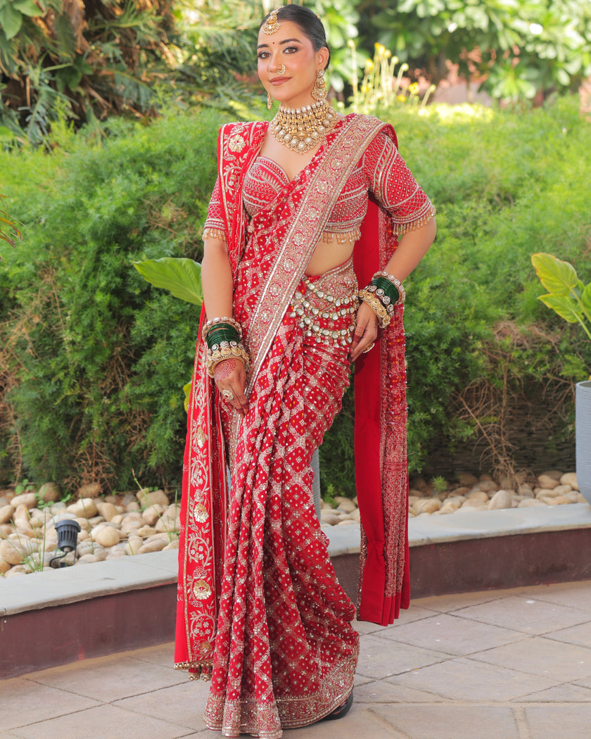 Meera red Banarasi bandhej georgette saree, full front view, Amaltas Couture