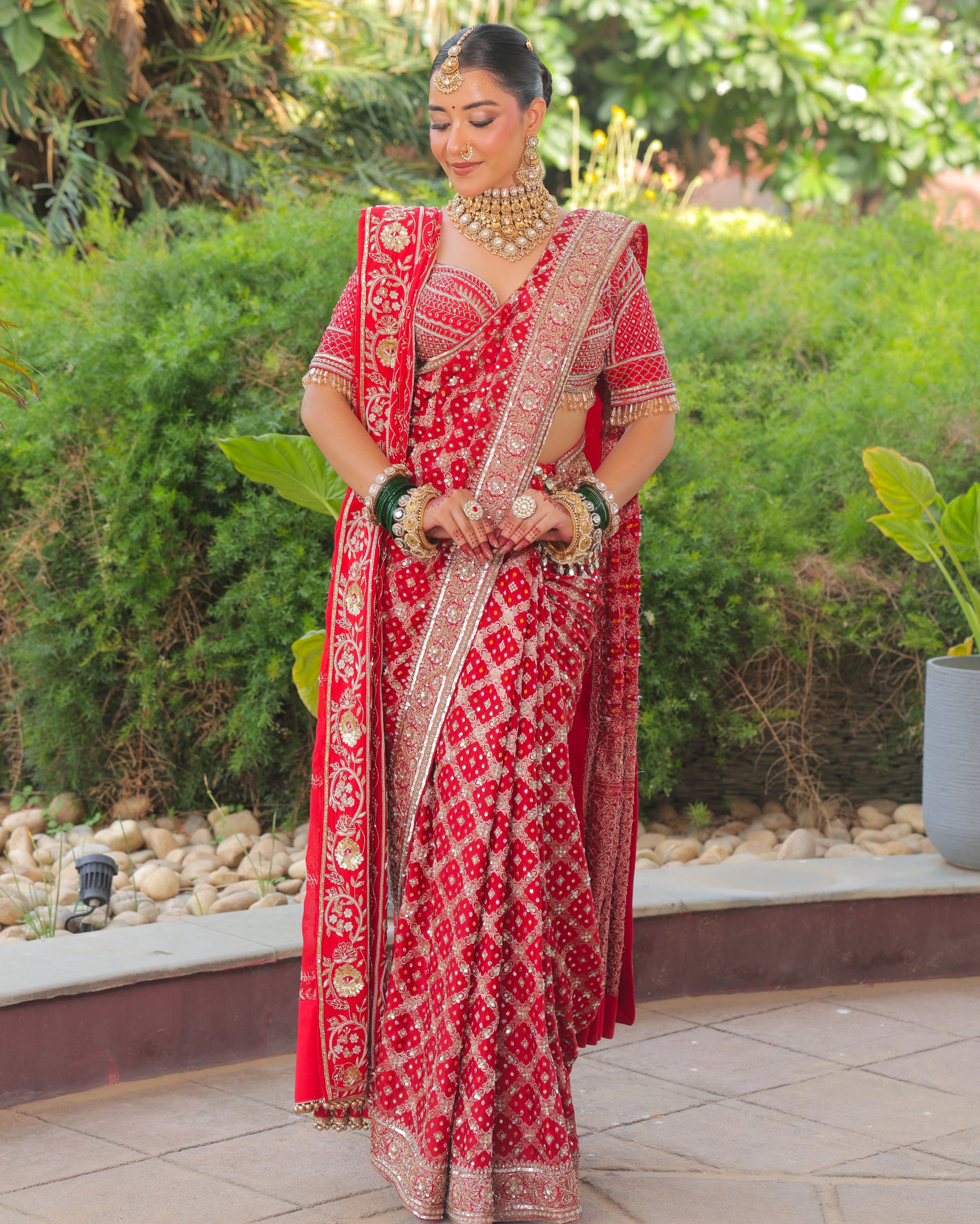 Meera red Banarasi bandhej georgette saree with hand embroidered border, full length, Amaltas Couture