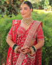 Meera red bandhej saree, hand embroidered blouse and pallu close up, Amaltas Couture