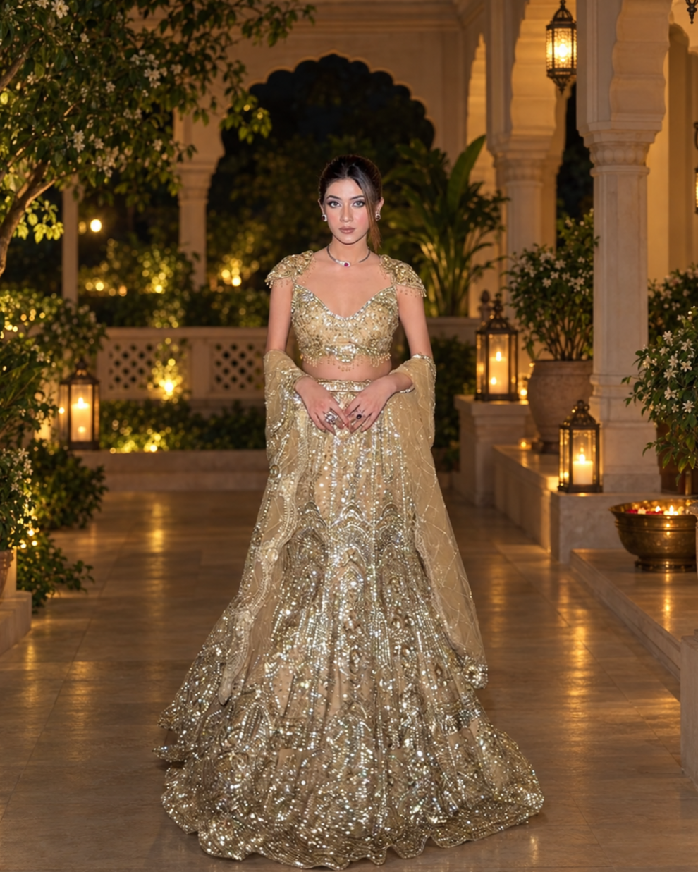 Zarina gold mermaid cut bridal lehenga in cutdana, sequins and stones, Amaltas Couture