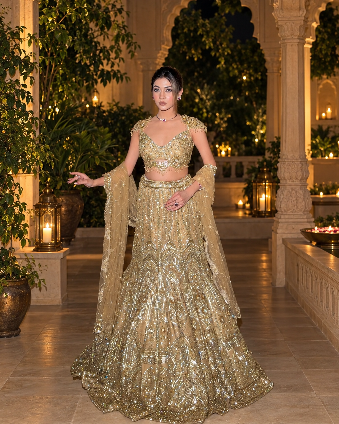 Zarina gold bridal lehenga with scallop border net dupatta, Amaltas Couture