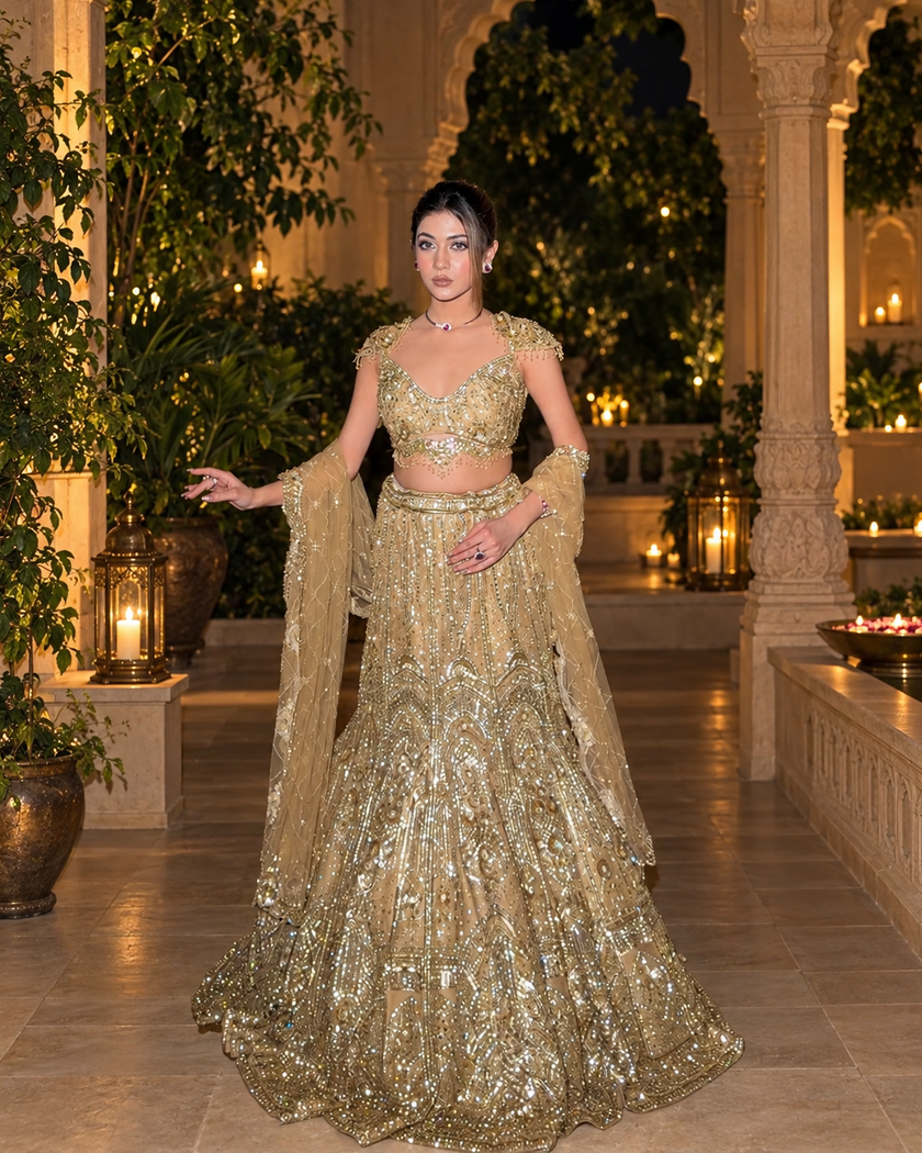 Zarina gold bridal lehenga with scallop border net dupatta, Amaltas Couture